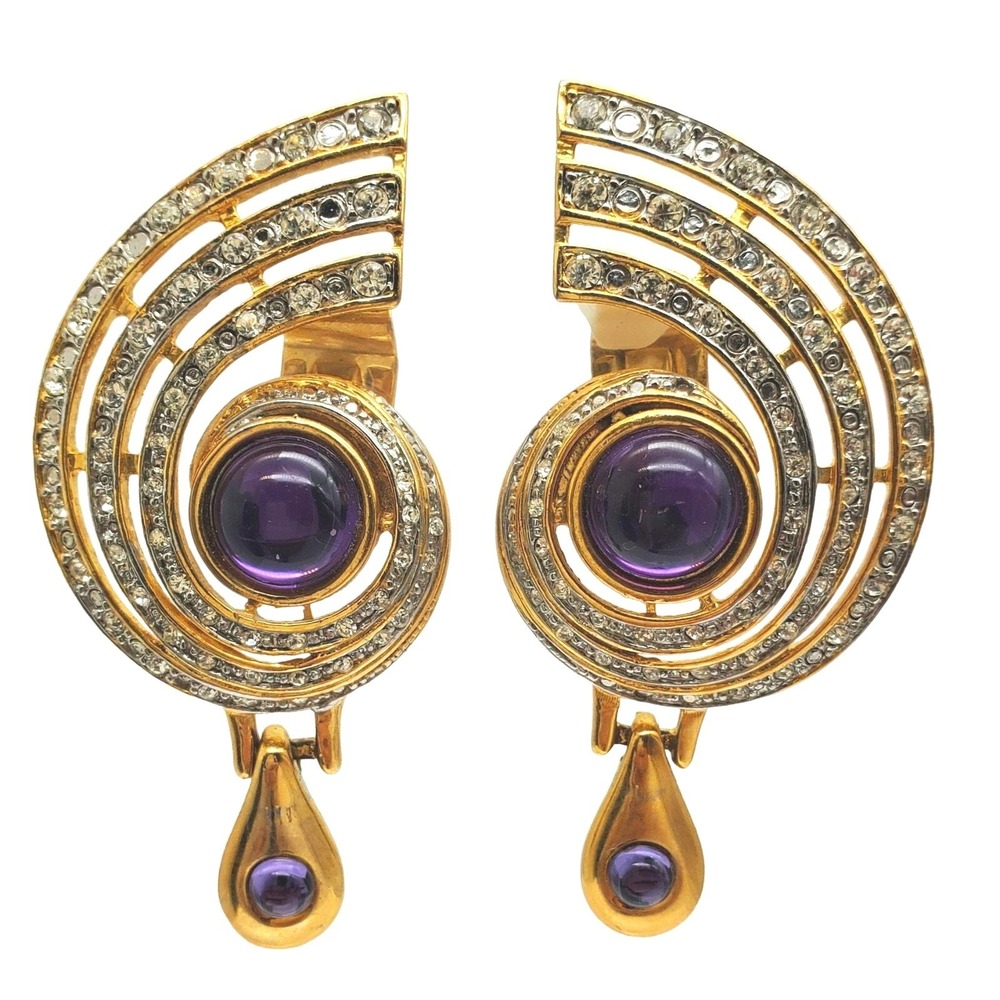 Massive Craft Runway Clip Earrings Purple Rhinestone 80s Gem-Craft Nautilus Vtg